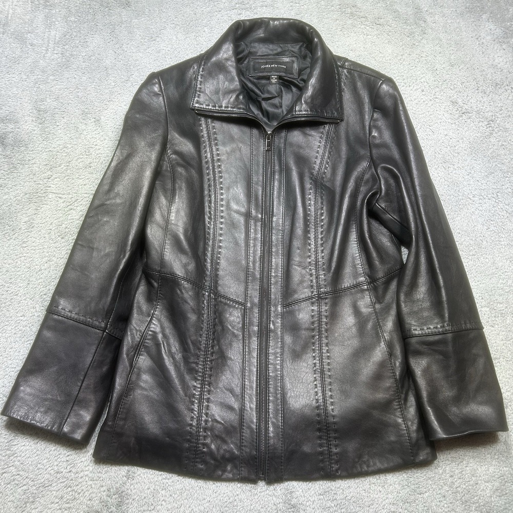 Vintage Jones New‎ York Jacket Women's XL Black Leather Bomber Biker Full Zip